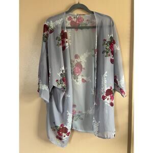 ECOWISH Vtg Floral Rose Print Sheer Kimono Cardigan Duster Gray Size XL Boho EUC